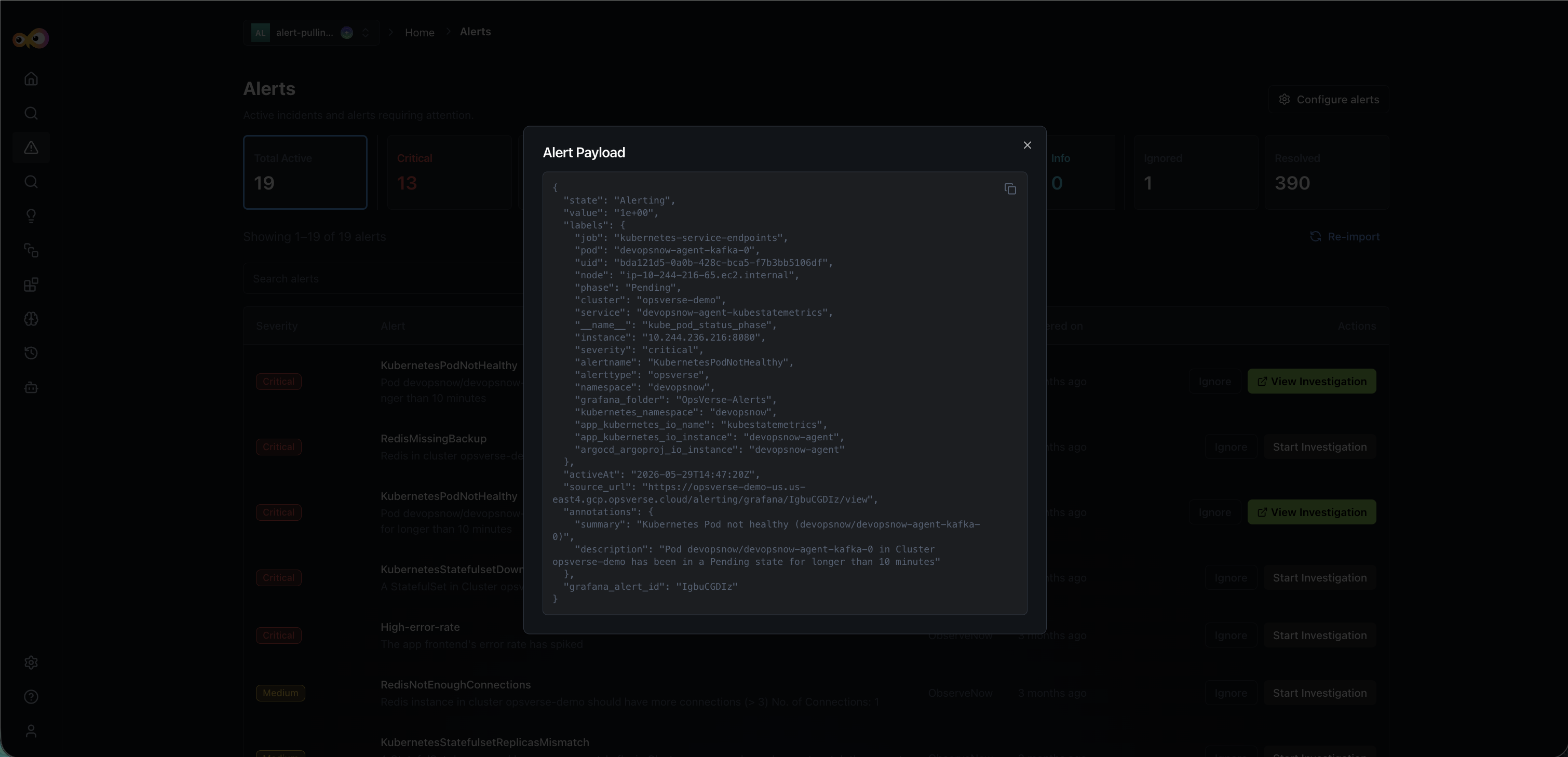 Alert Payload modal showing JSON labels severity and summary for a URLEndpointDown alert