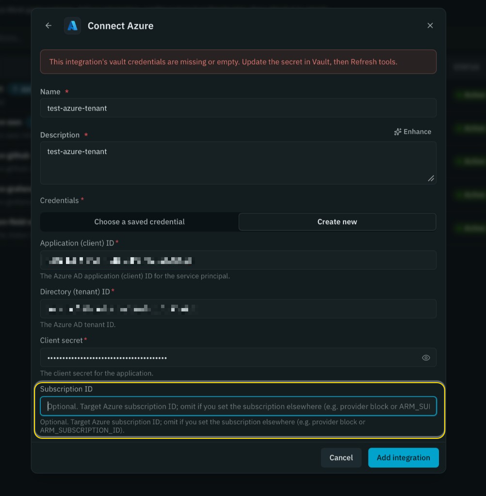 Azure integration form showing the required Subscription ID field
