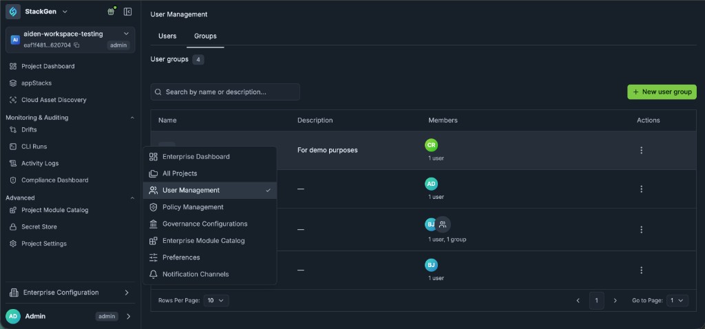 Enterprise Configuration menu with User Management selected