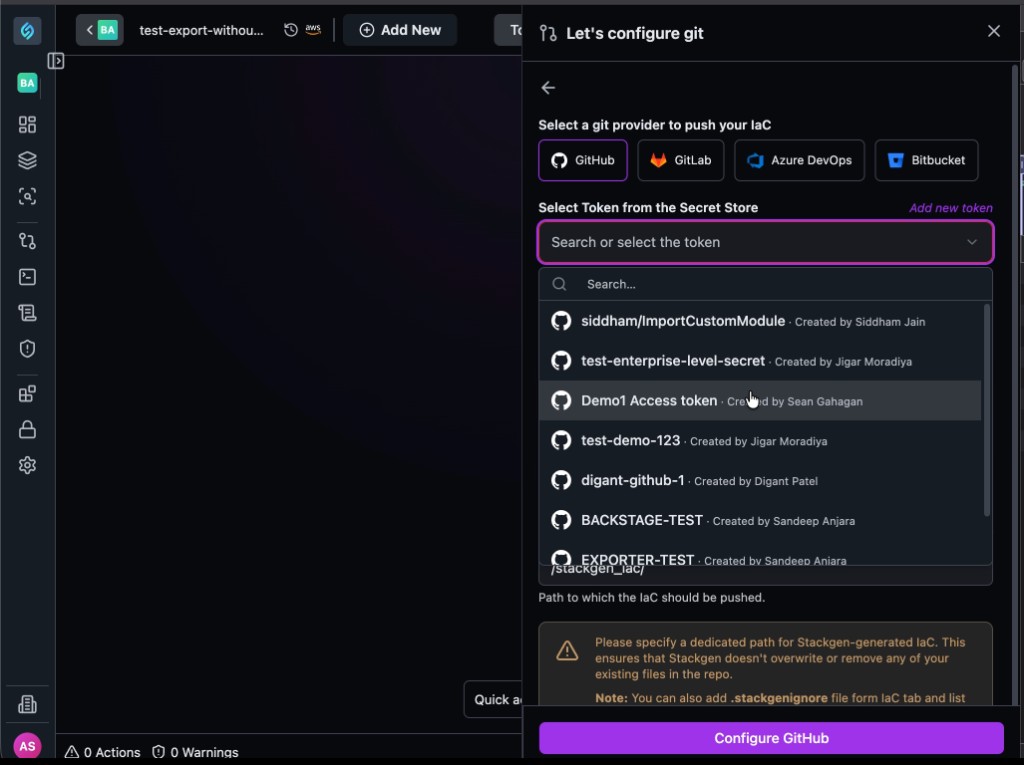 GitHub configuration panel with a working secret selector