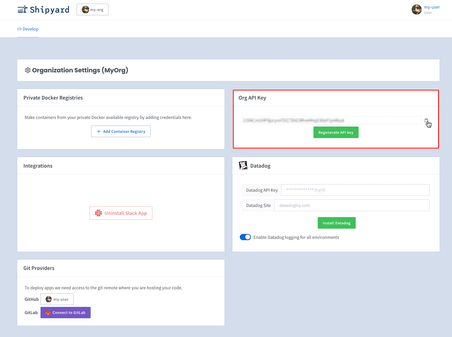 Get Shipyard API key from Org Settings page