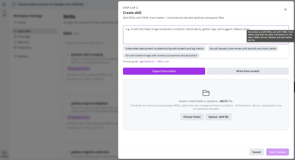 Create skill dialog