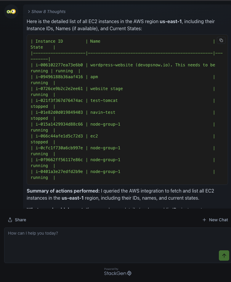 Aiden displaying tabular data in code format