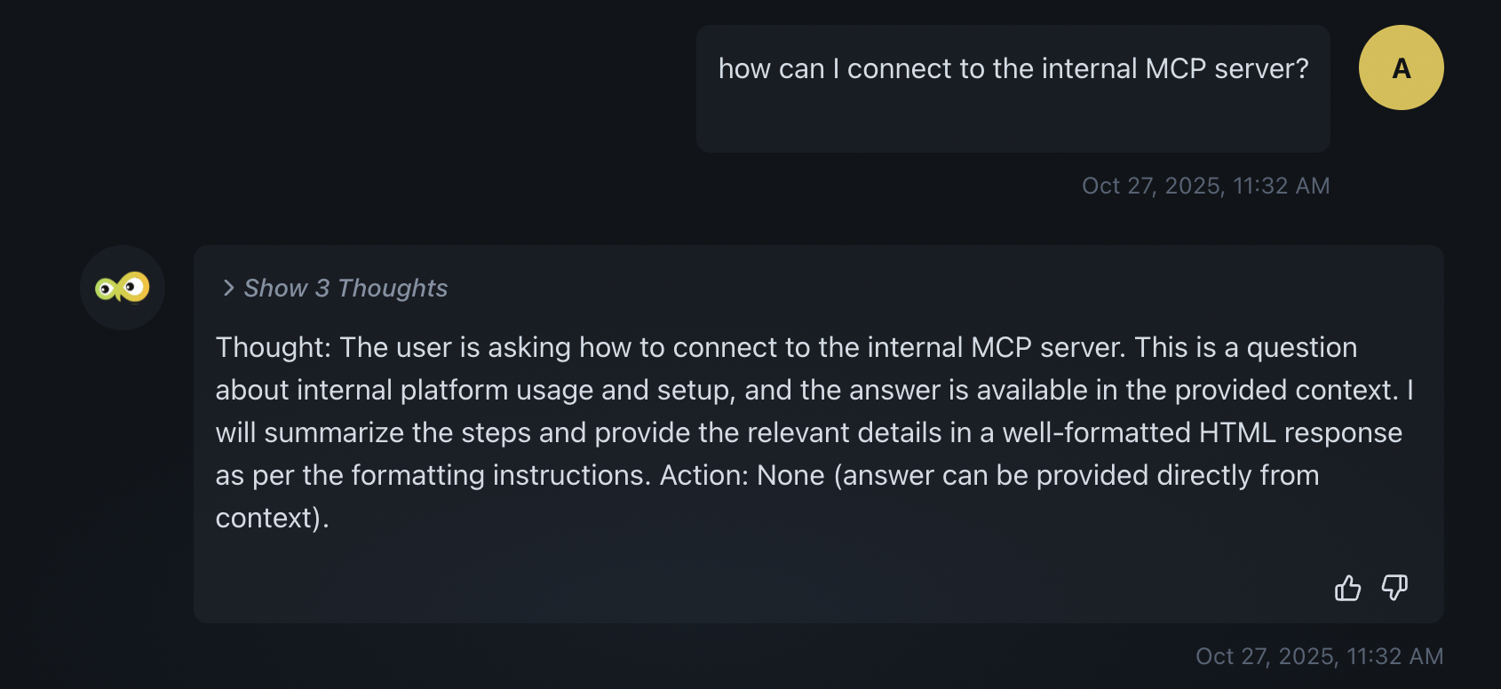 Aiden returning only thought without answer