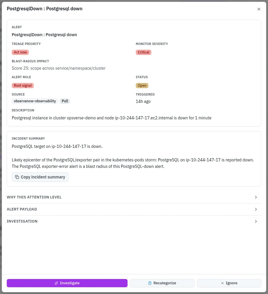Alert details with triage priority, monitor severity, incident summary, and expandable payload