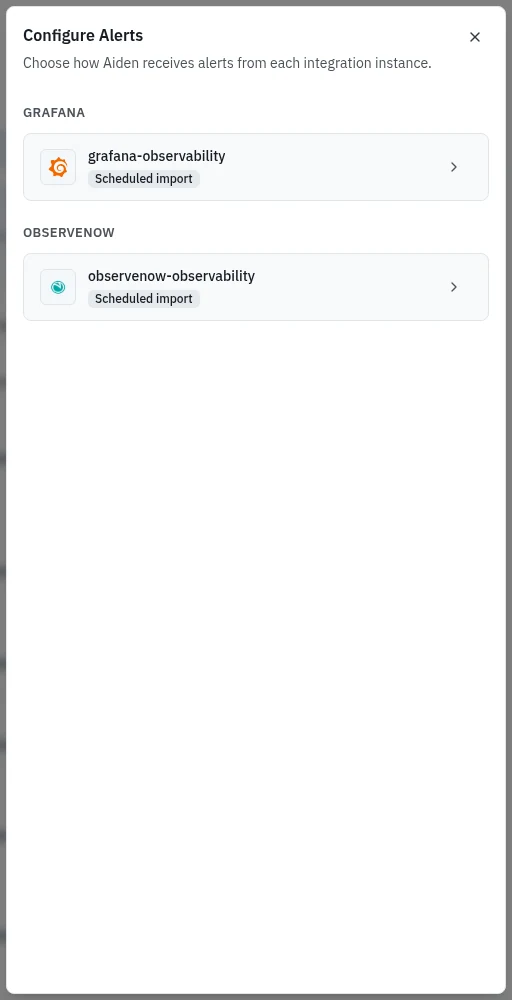 Configure Alerts lists connected Grafana and ObserveNow instances
