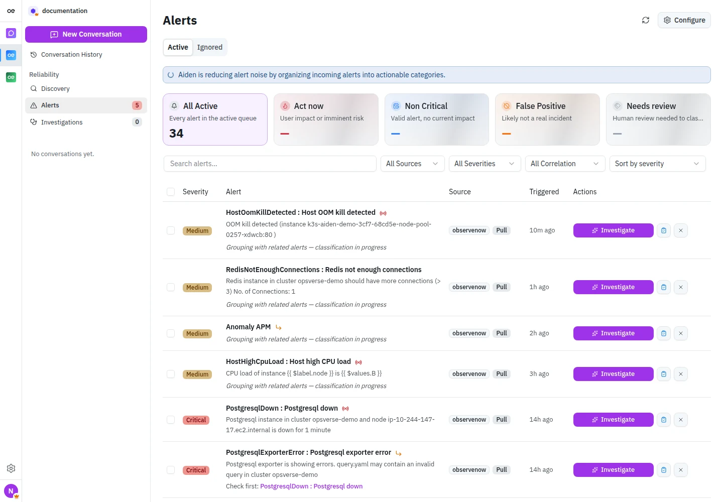 Alerts grouped by triage priority, with source, severity, and correlation filters