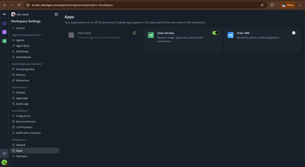 Enable Aiden DevOps in Workspace Settings Apps