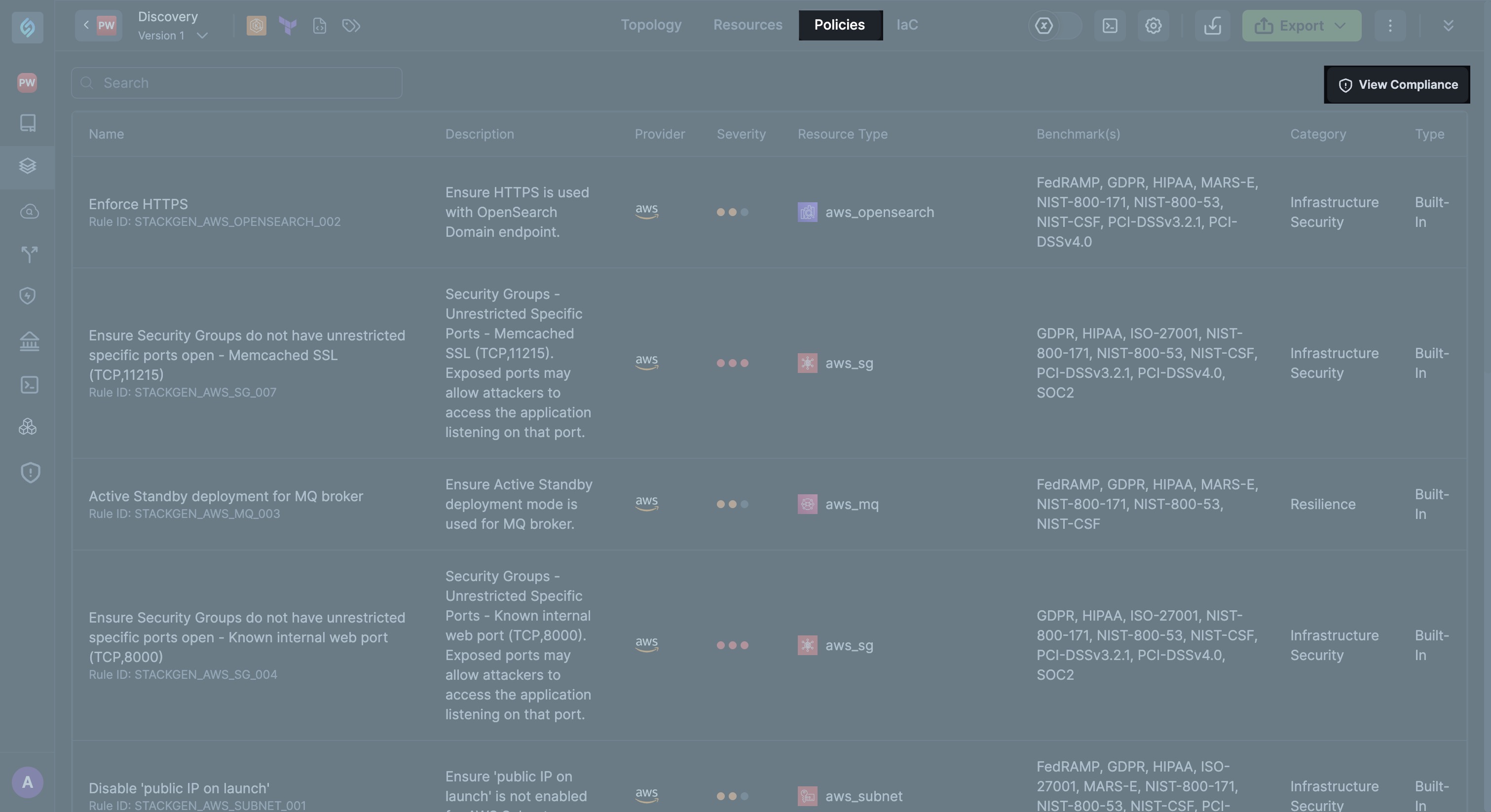 Policy Violations tab - appStack
