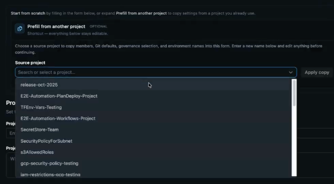 Prefill from another project optional section with Source project dropdown and Apply copy button during project onboarding