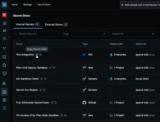 Secret Store Internal Secrets table with copy icon and Copy Secret UUID tooltip