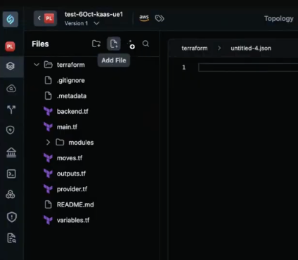 Topology Files pane for Admin or DevOps with Add File tooltip and IaC file tree
