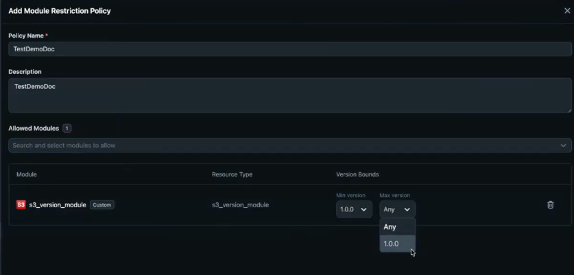 Add Module Restriction Policy modal with allowed modules table and Min version and Max version bounds for a module