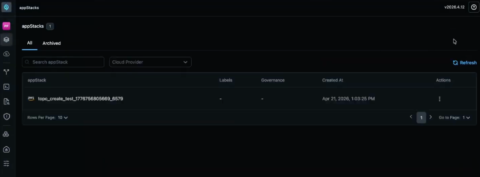 Personal workspace appStacks list with existing stack and no New appStack create control in header
