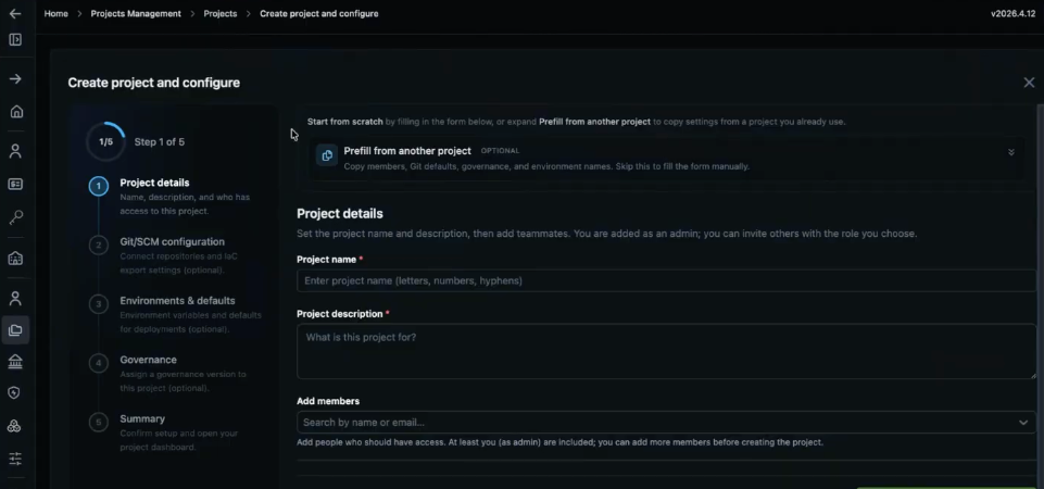 Create project and configure wizard step 1 of 5 with Prefill from another project optional section and project details fields