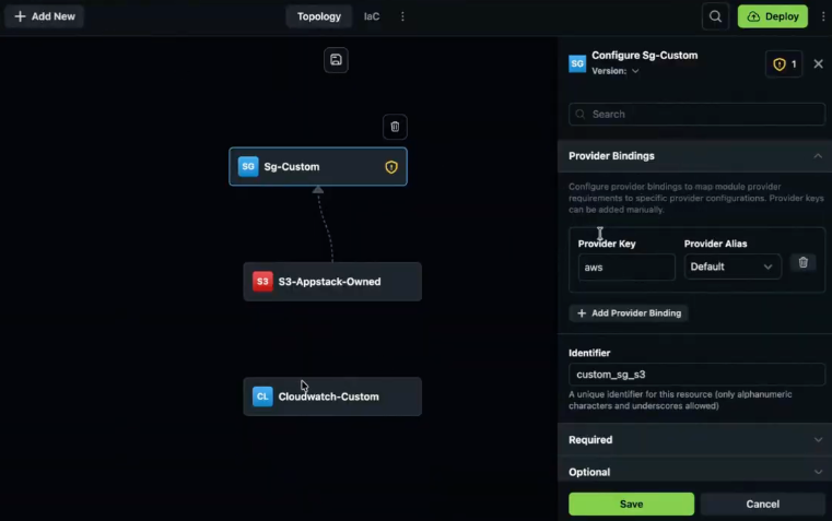 Topology with Configure panel showing Provider Bindings expanded after TF provider is in use on the appStack