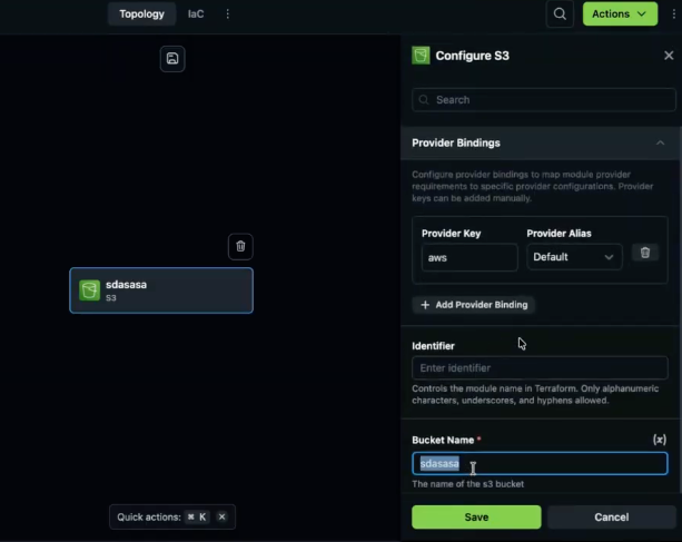 Topology with S3 resource selected and Configure S3 panel scrolled to Bucket Name after save with a validation error