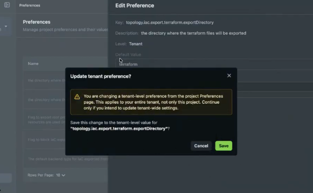 Update tenant preference modal with warning about tenant-wide scope from project Preferences