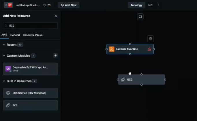 Topology canvas with Lambda Function and EC2 as separate nodes and Add New Resource sidebar