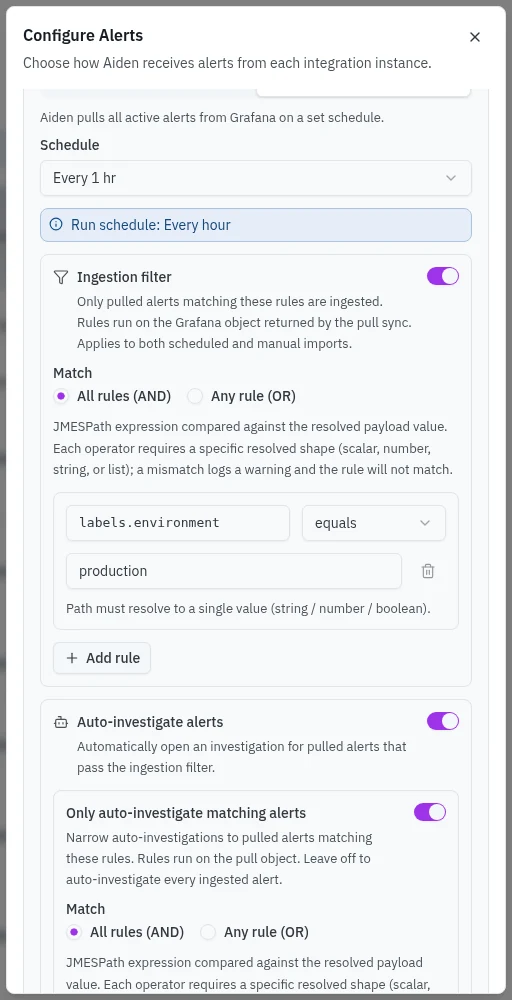 Automatic investigation with a separate optional matching filter