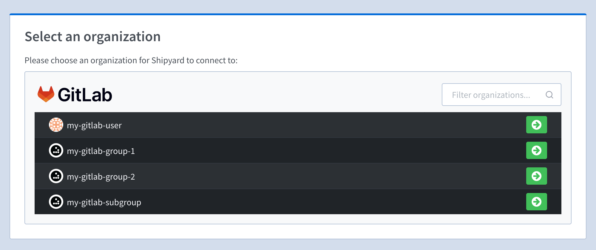 Select a GitLab namespace for your Shipyard org