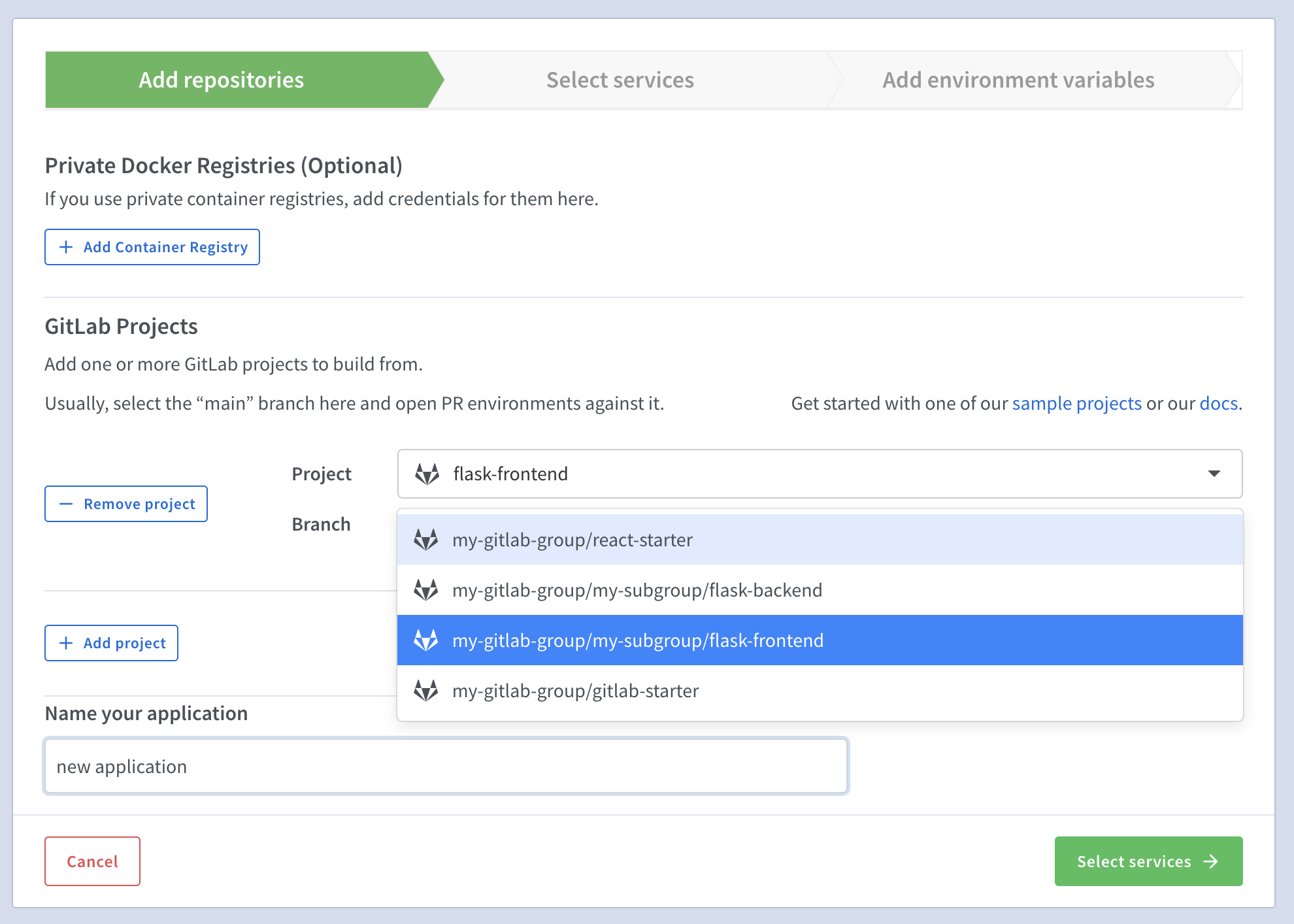 Select GitLab repositories in Shipyard Create Application page