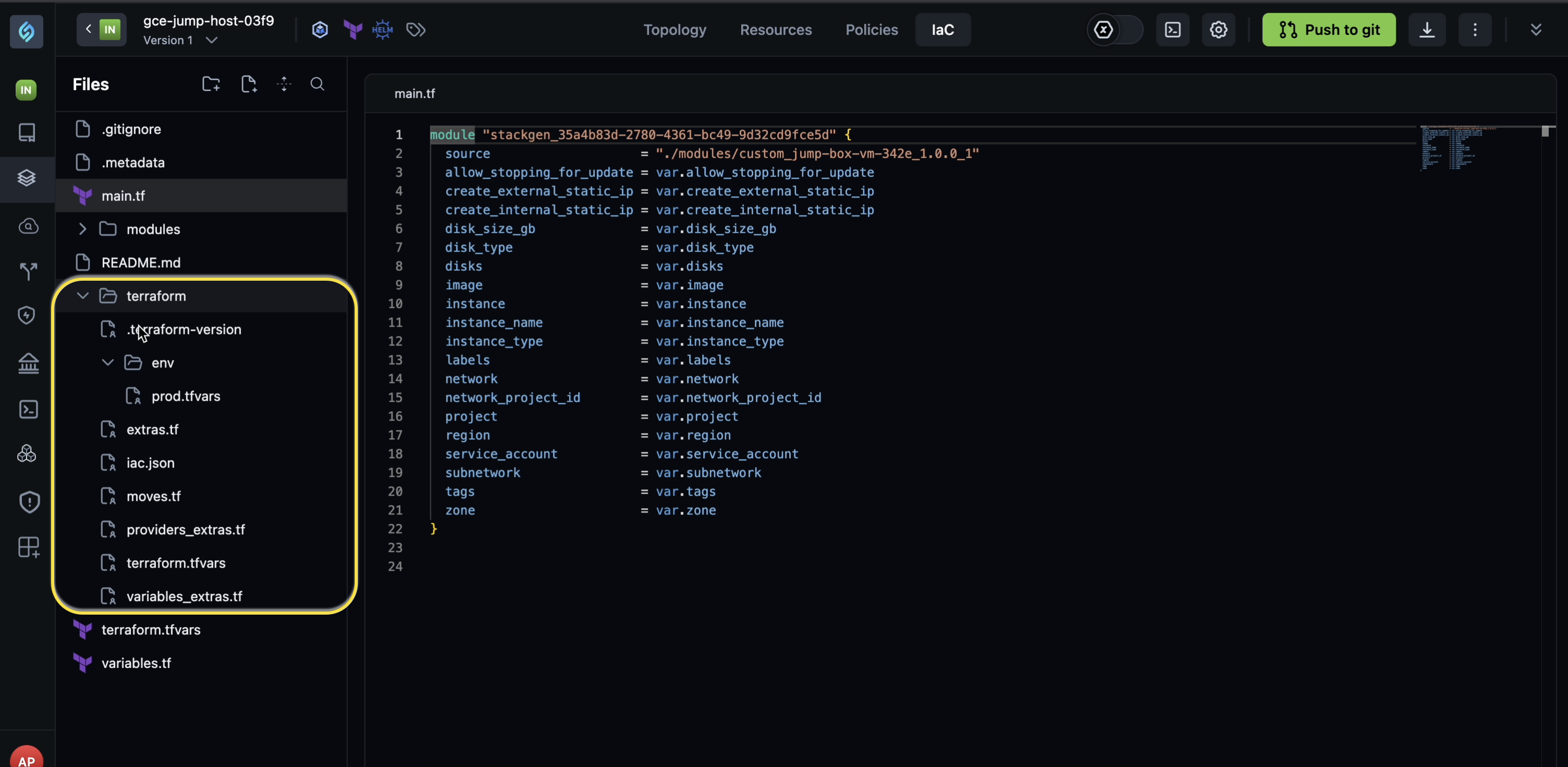 Folder structure of CLI root in IaC tab