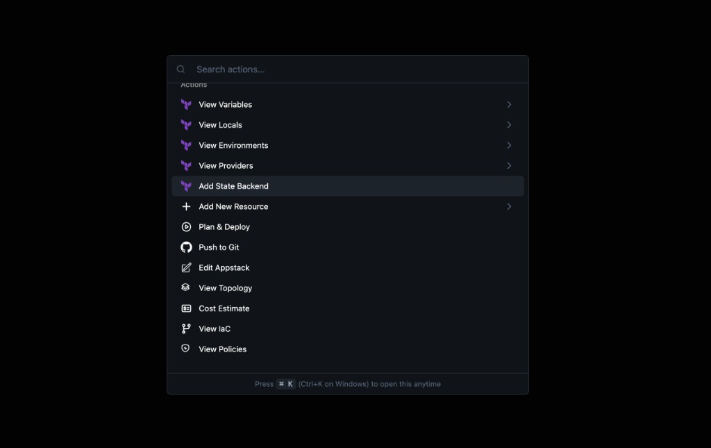 Command+K menu on Topology with View IaC, View Variables, and related actions