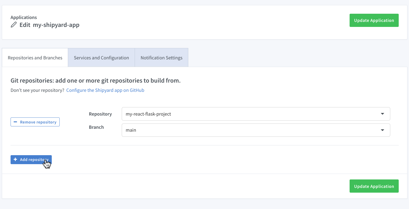 Select repositories and branches to include in your Shipyard application