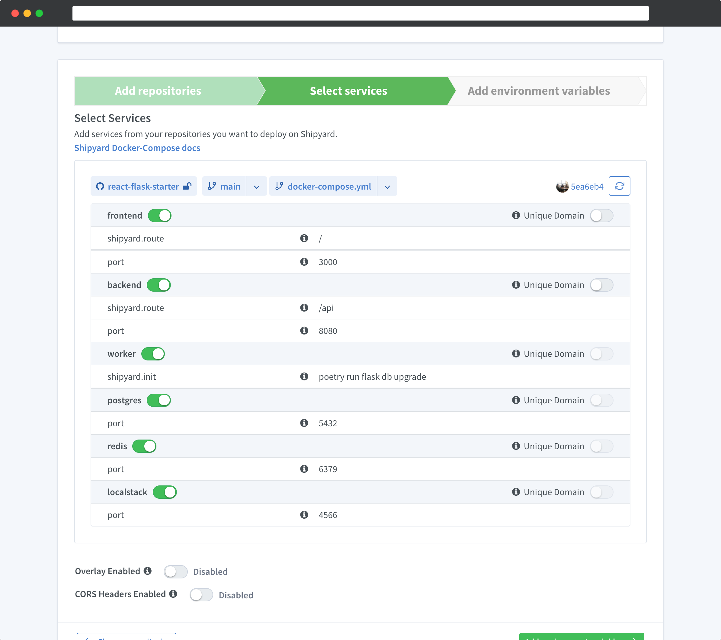 Selecting services from Docker Compose file for Shipyard application