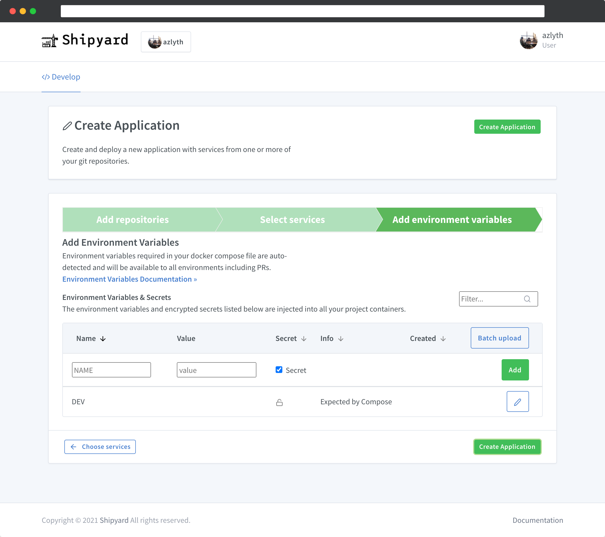 Adding env vars and secrets to a Shipyard application
