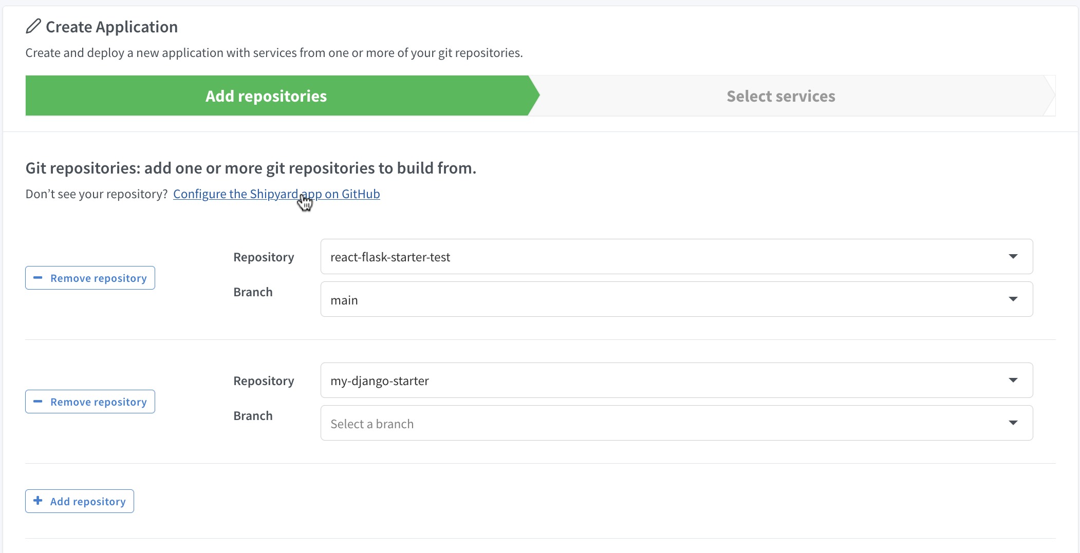 Add GitHub repositories to Shipyard from Create Application page