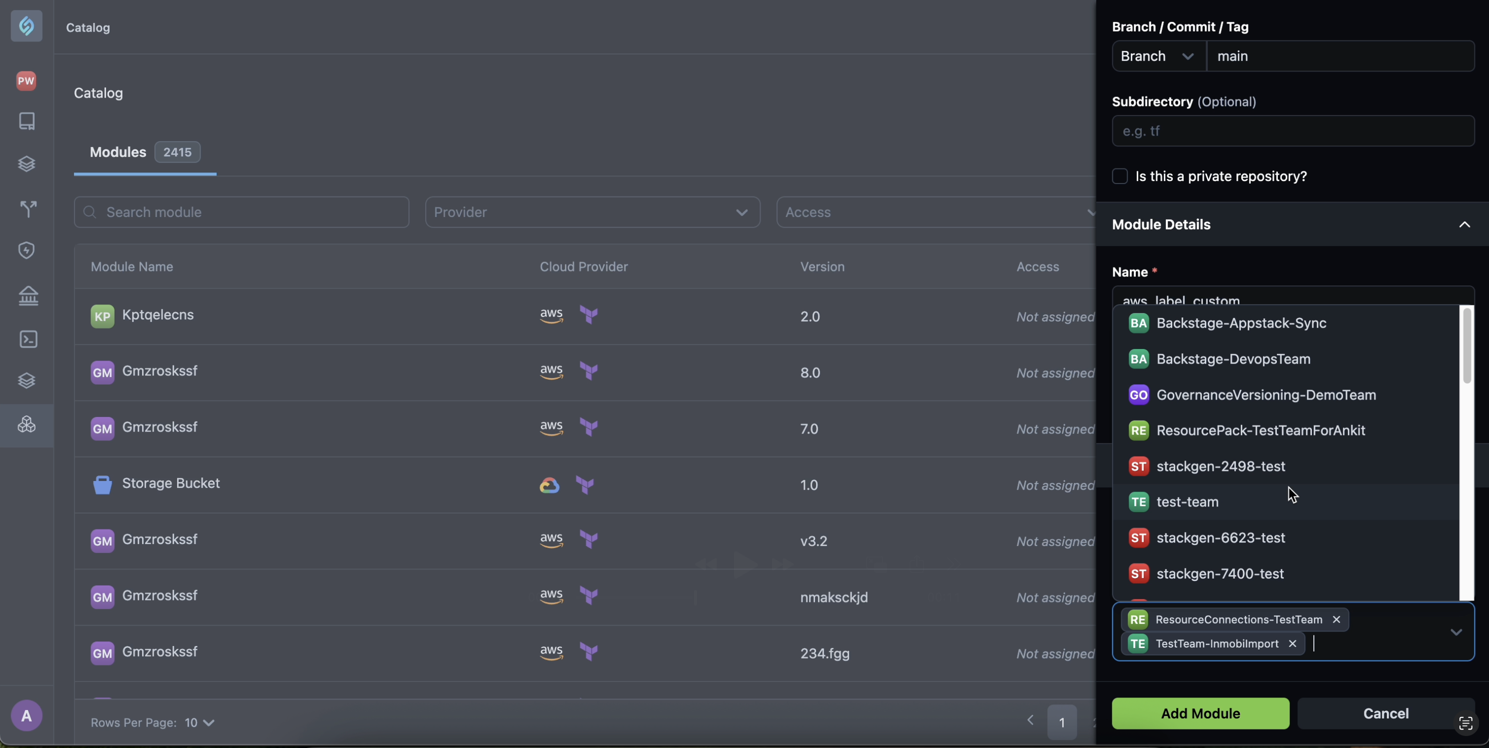 Delete Team opens the team dropdown