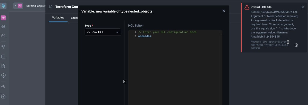 Error notification with invalid HCL message and request ID