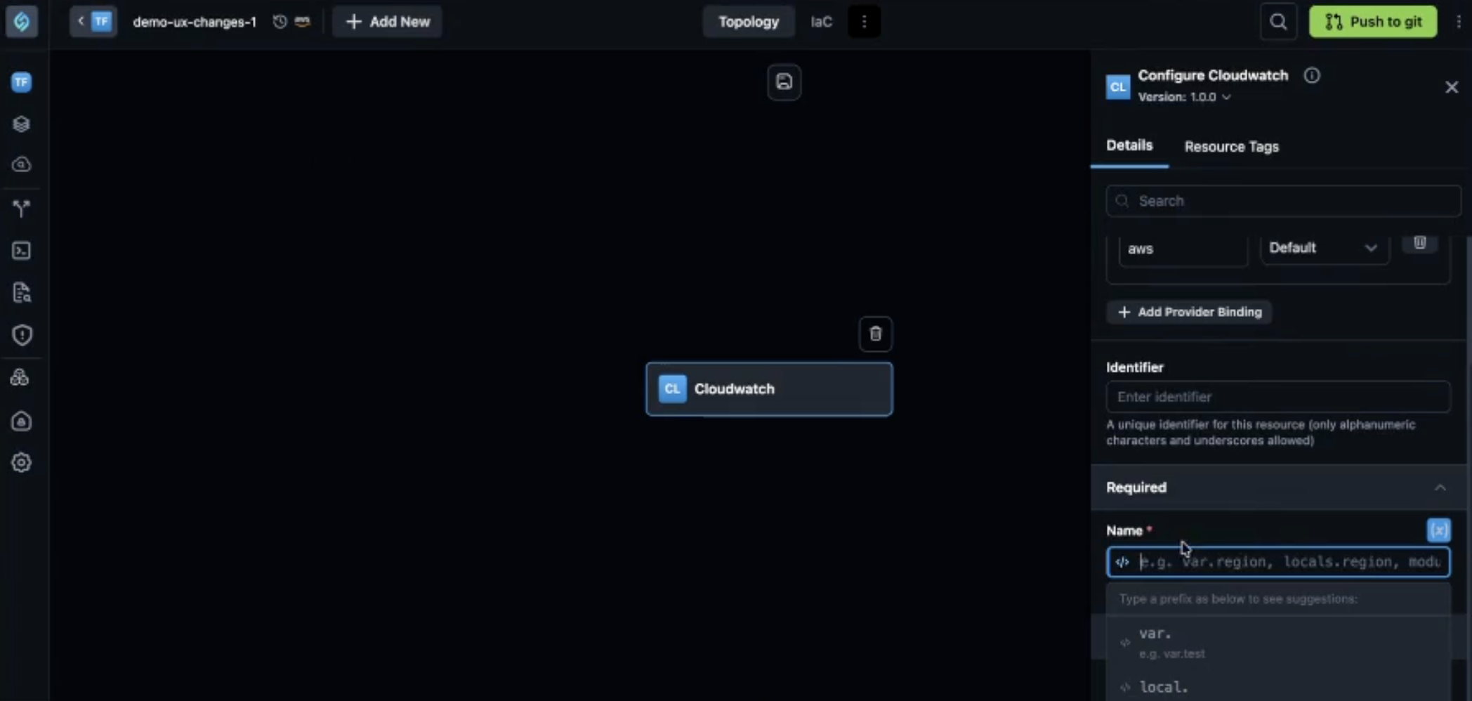 Terraform expression mode with code editor and suggestions