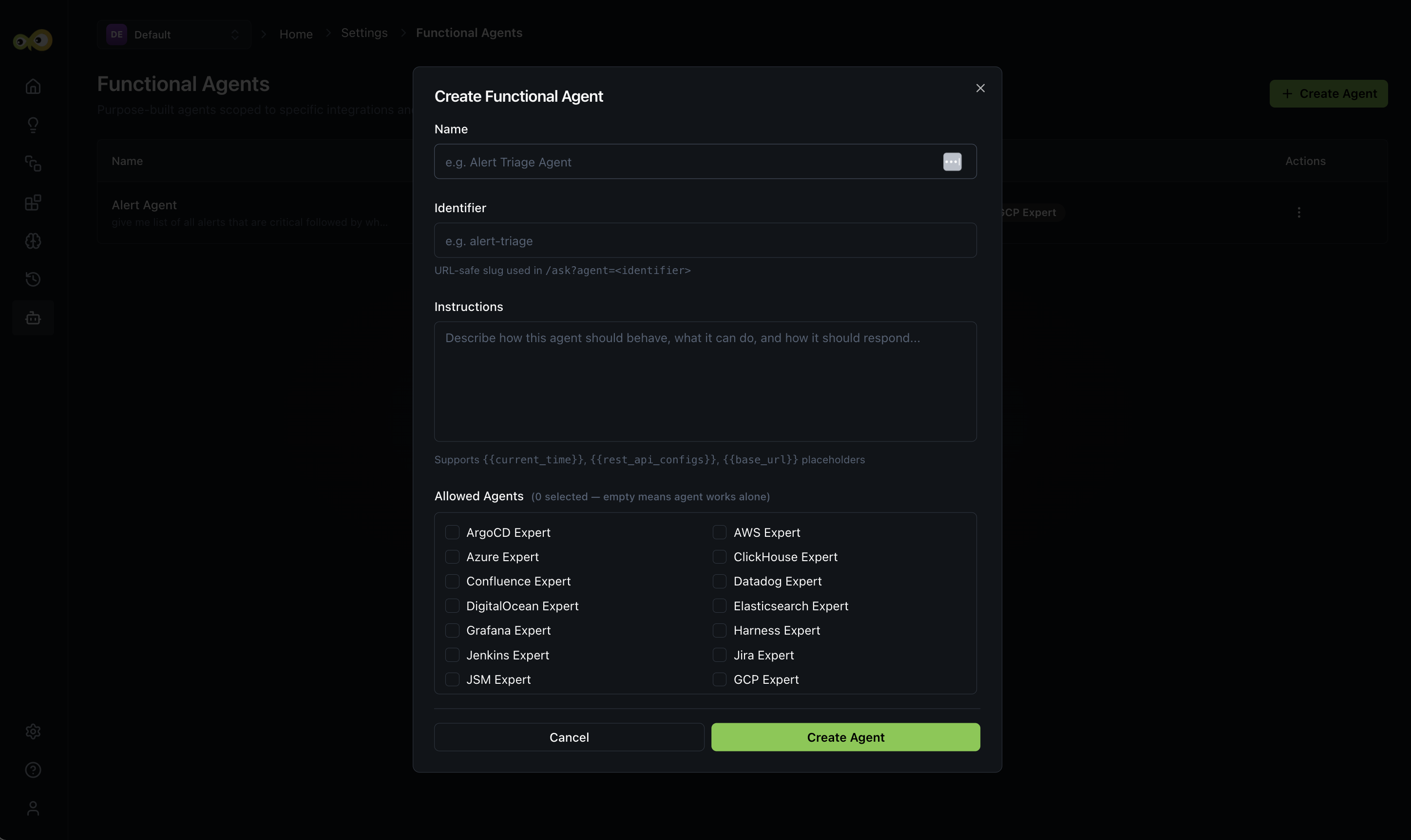 Create Functional Agent modal