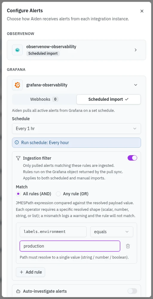 An unsaved example ingestion rule selecting labels.environment equal to production