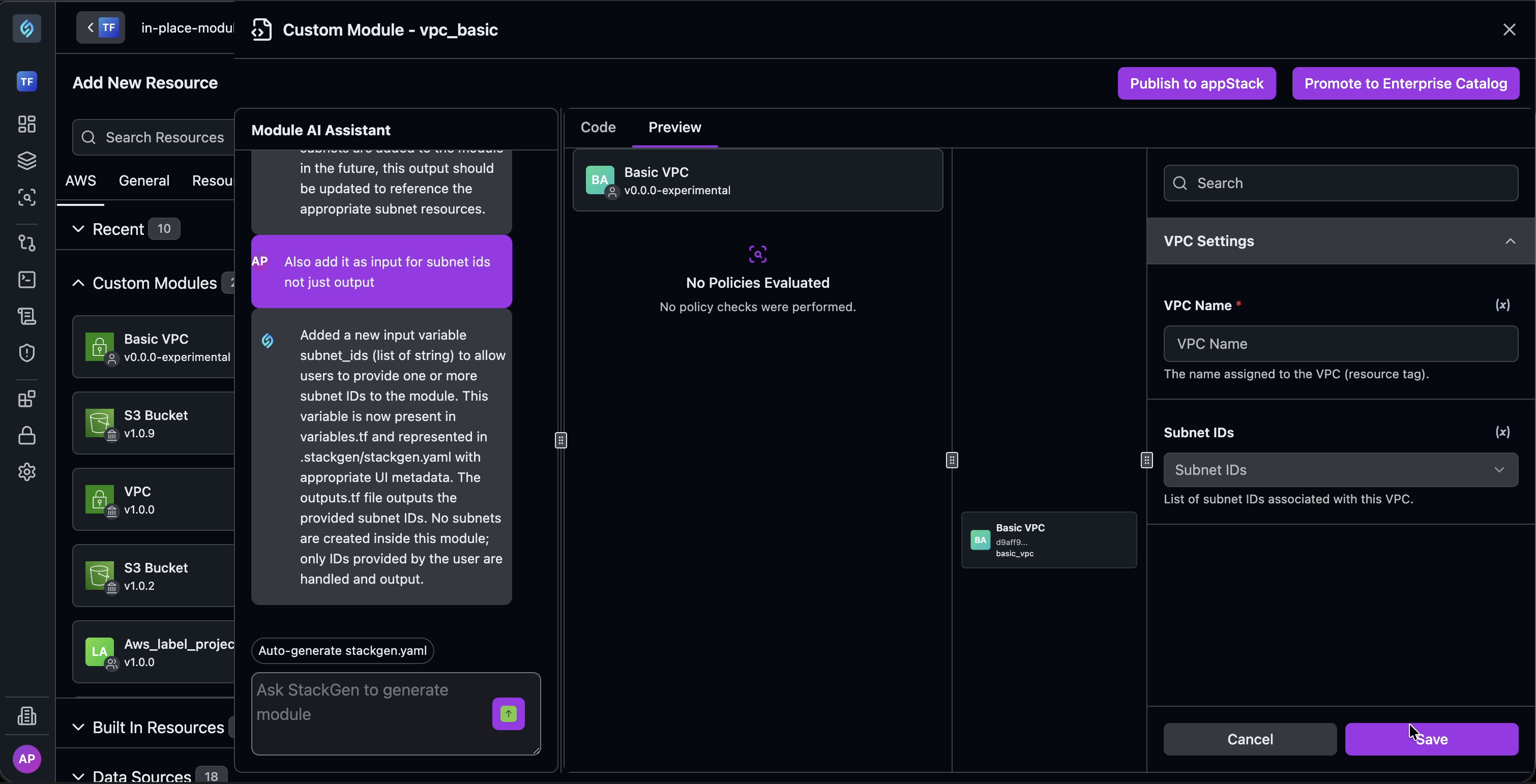 In-place updates for appStack-owned custom modules