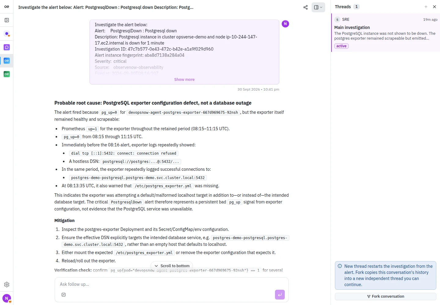 Threads panel with the main investigation and Fork conversation action