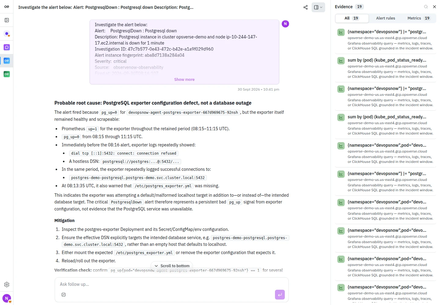 A completed investigation with a proposed cause, mitigation steps, and an Evidence sidebar