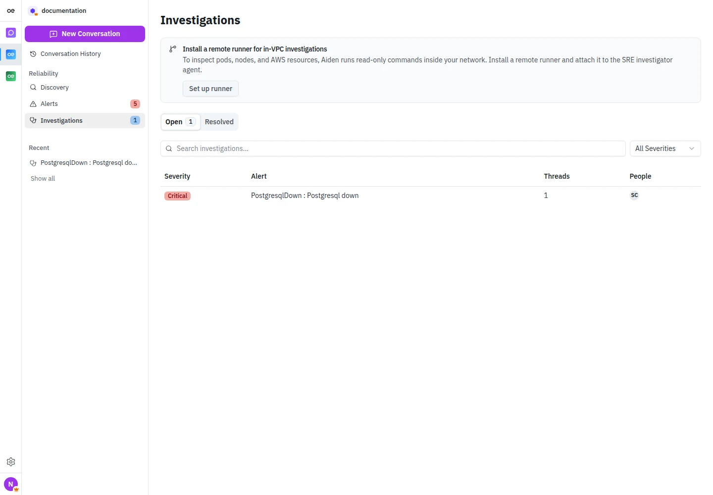 Investigations lists the alert severity, alert name, thread count, and contributors
