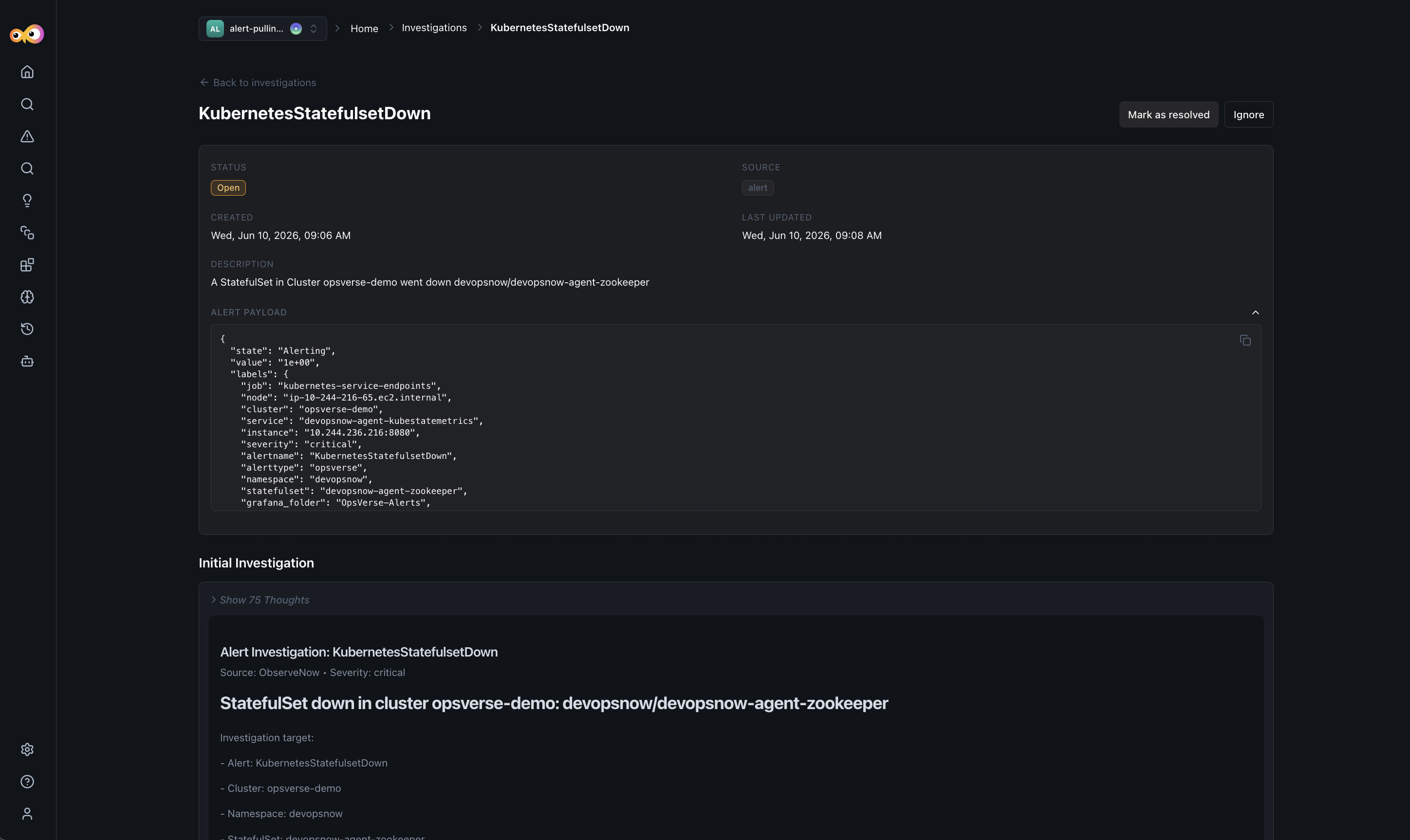 Investigation detail page