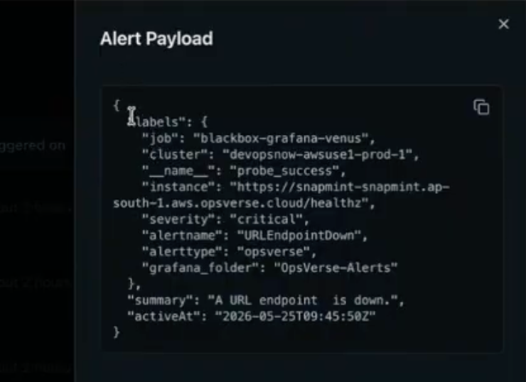 Alert Payload modal showing JSON labels severity and summary for a URLEndpointDown alert