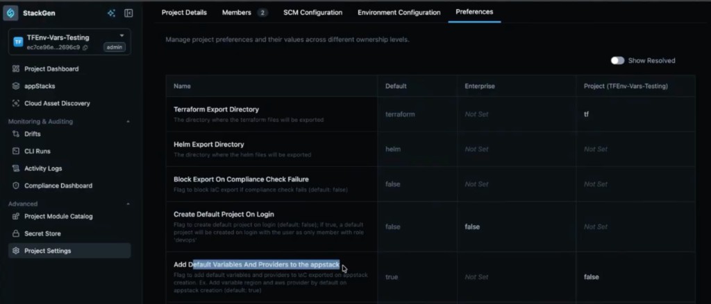 Project Settings Preferences table showing Add Default Variables And Providers to the appstack preference