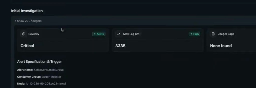 Initial Investigation view showing Show Thoughts toggle severity metrics and alert specification details