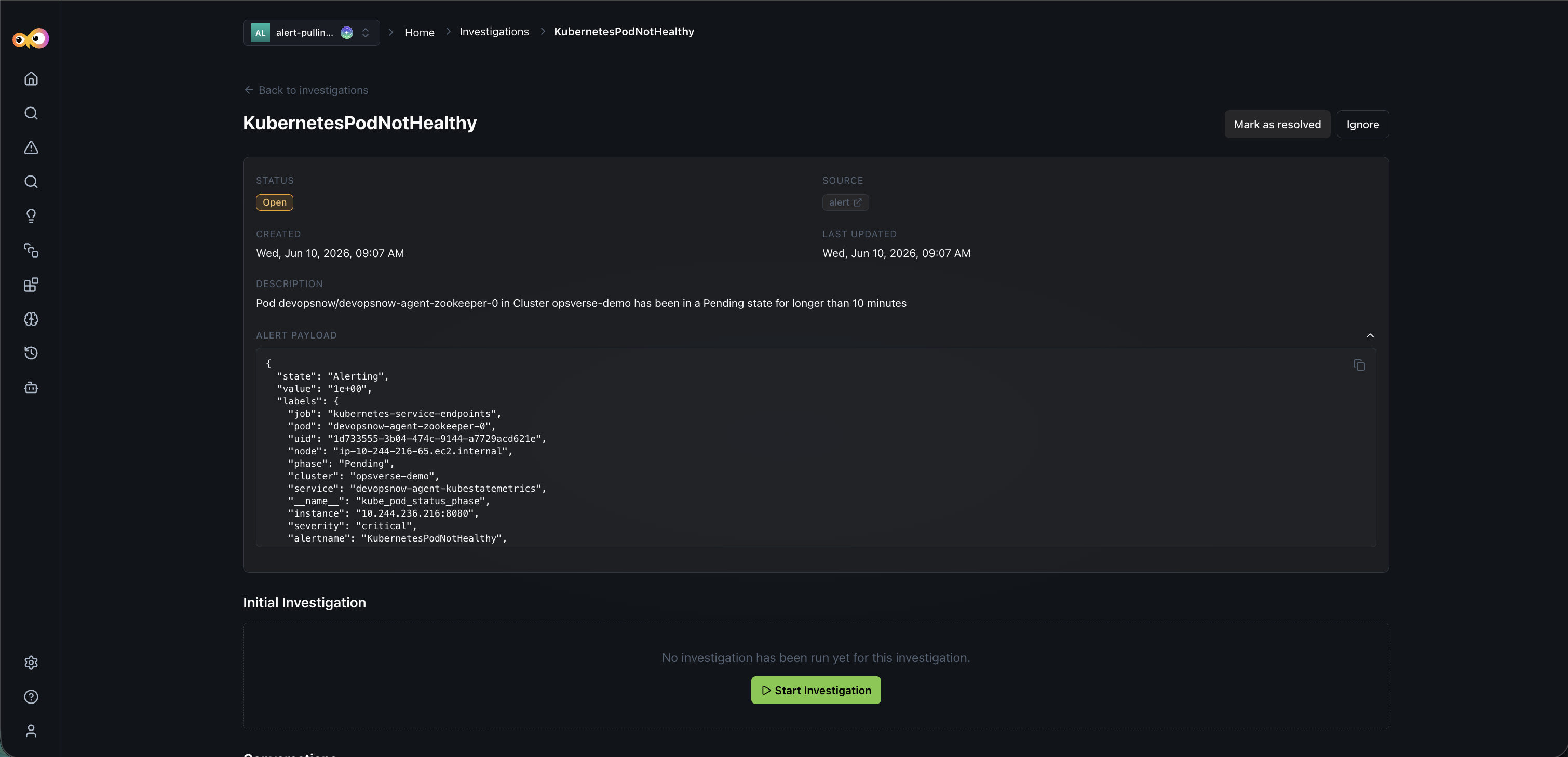Initial Investigation view showing Show Thoughts toggle severity metrics and alert specification details