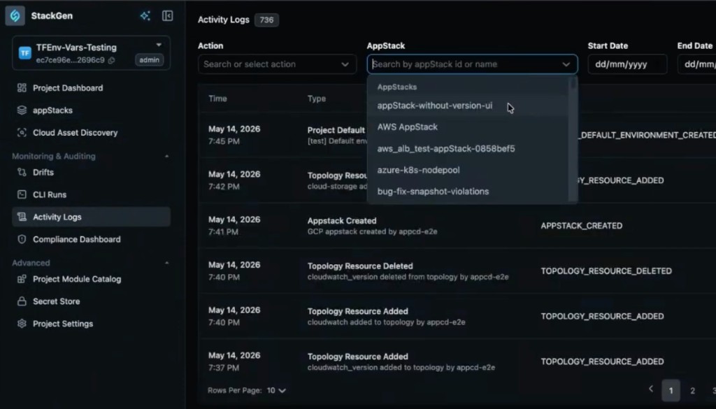 Activity Logs AppStack filter dropdown showing appStack names without version suffixes