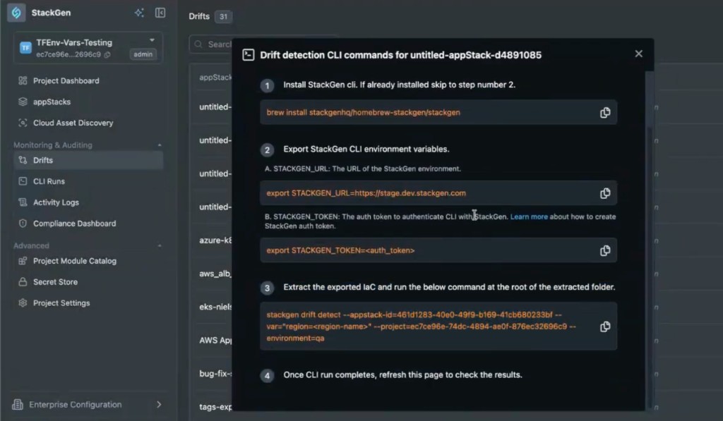 Drift detection CLI commands modal for an appStack without a version suffix in the title or drift command