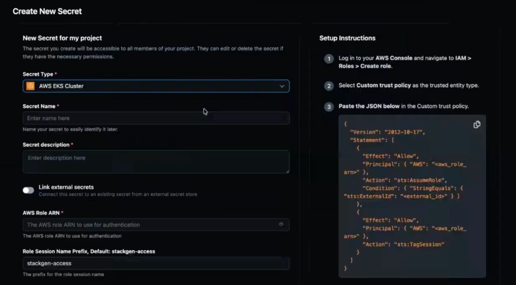 Create New Secret form for AWS EKS Cluster with Setup Instructions panel and IAM trust policy JSON