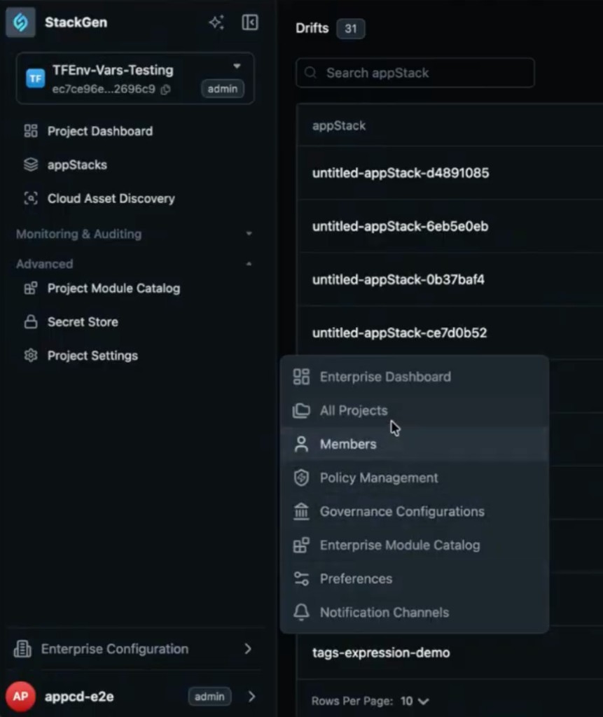 Sidebar with Enterprise Configuration menu open showing All Projects, Members, Policy Management, and Governance Configurations
